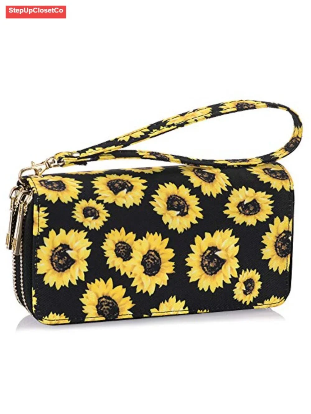 Faux Leather Floral Long Wallet Clutch with Wristlet Strap Card/Phone Holder
